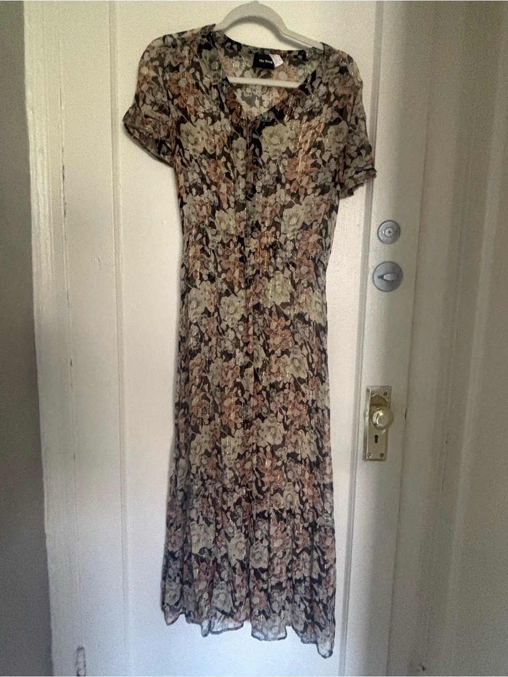 The Kooples Black Floral Maxi Dress with Cream and Brown Accents
